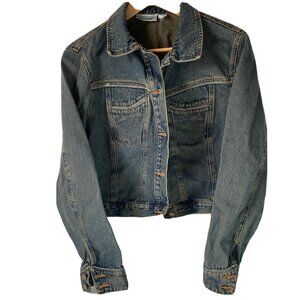 Jeanology denim jeans jacket pockets leather trim‎ biker moto women size m